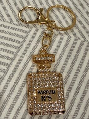 Designer inspired metal faux diamond keychain gold perfume bottle purse bag clip